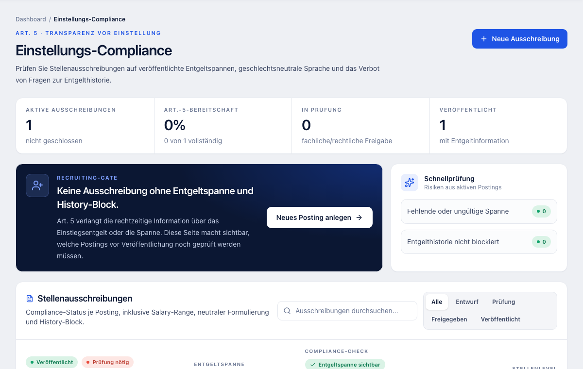 Einstellungs-Compliance der App mit Prüfung von Entgeltspanne, Status und Recruiting-Gate.