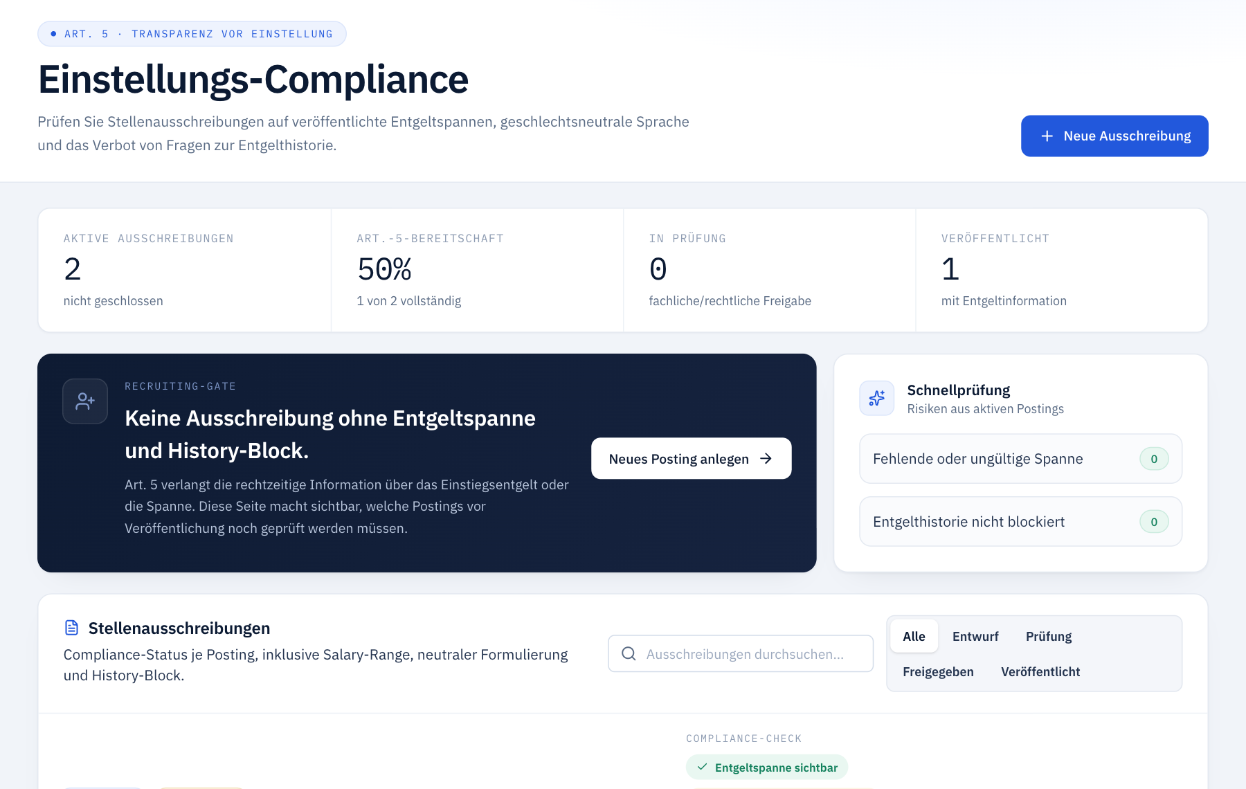 Einstellungs-Compliance mit aktiven Ausschreibungen, Art.-5-Bereitschaft, Recruiting-Gate und Schnellprüfung auf Entgeltspanne und Entgelthistorie.
