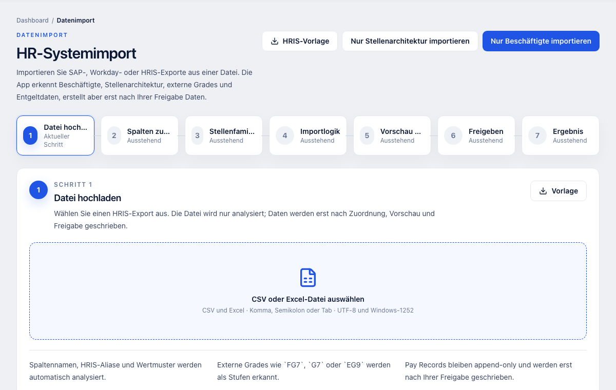 HR-Systemimport der App mit Upload-Schritt, Spaltenmapping, Importlogik, Vorschau und Freigabe.