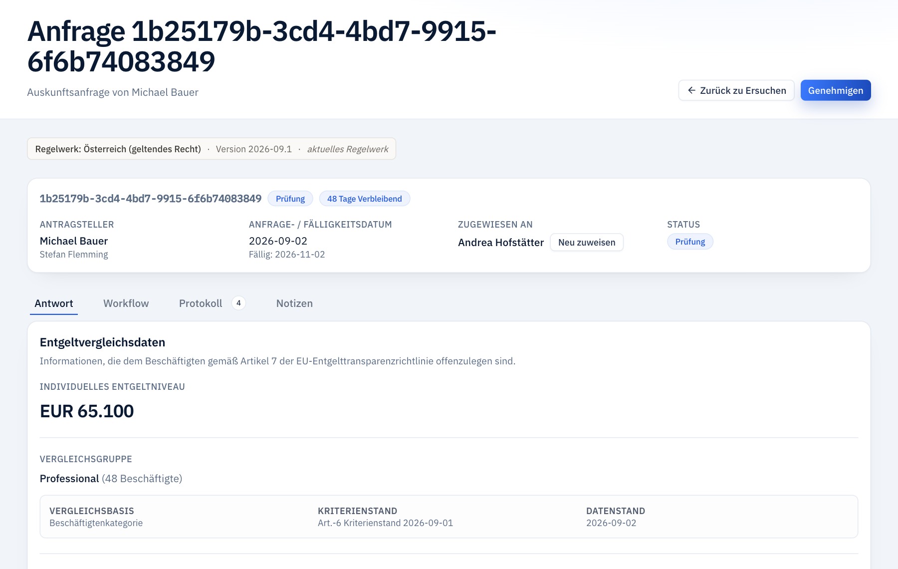 Offene Auskunftsanfrage mit Status Prüfung, verbleibender Frist, zugewiesener Person, individuellem Entgeltniveau, Vergleichsgruppe sowie Vergleichsbasis, Kriterien- und Datenstand.